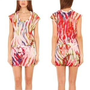 IRO Makena Silk Abstract Rainbow Zebra Ruched Blouson Dress